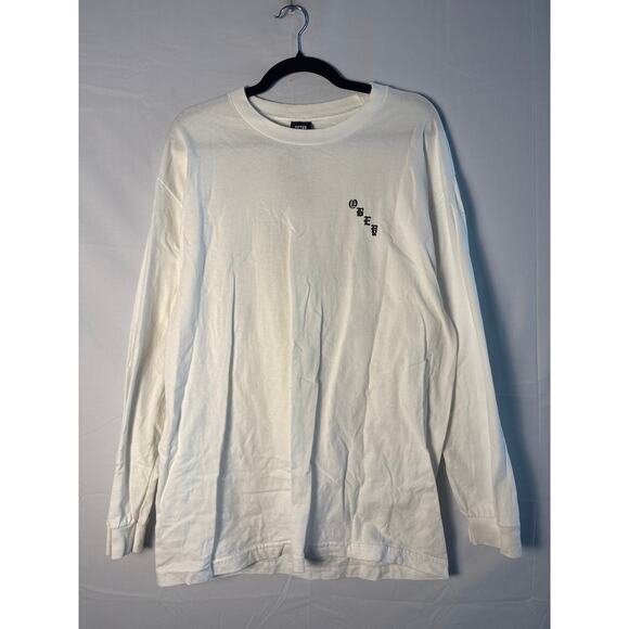 Obey White Crew Neck Long Sleeve Shirt Back Rose Print Men's Size Large - Picture 1 of 3